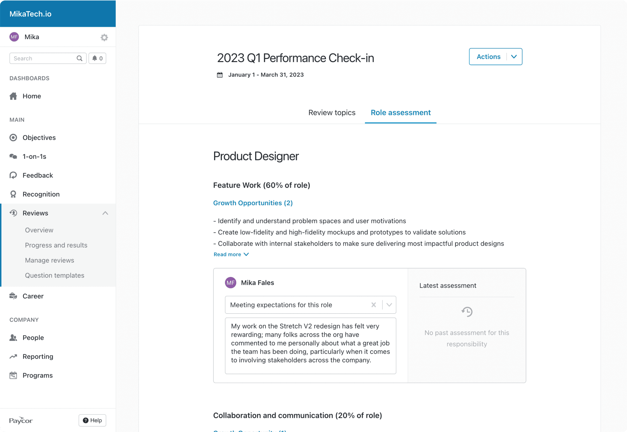 A Performance Review including Career Profile data